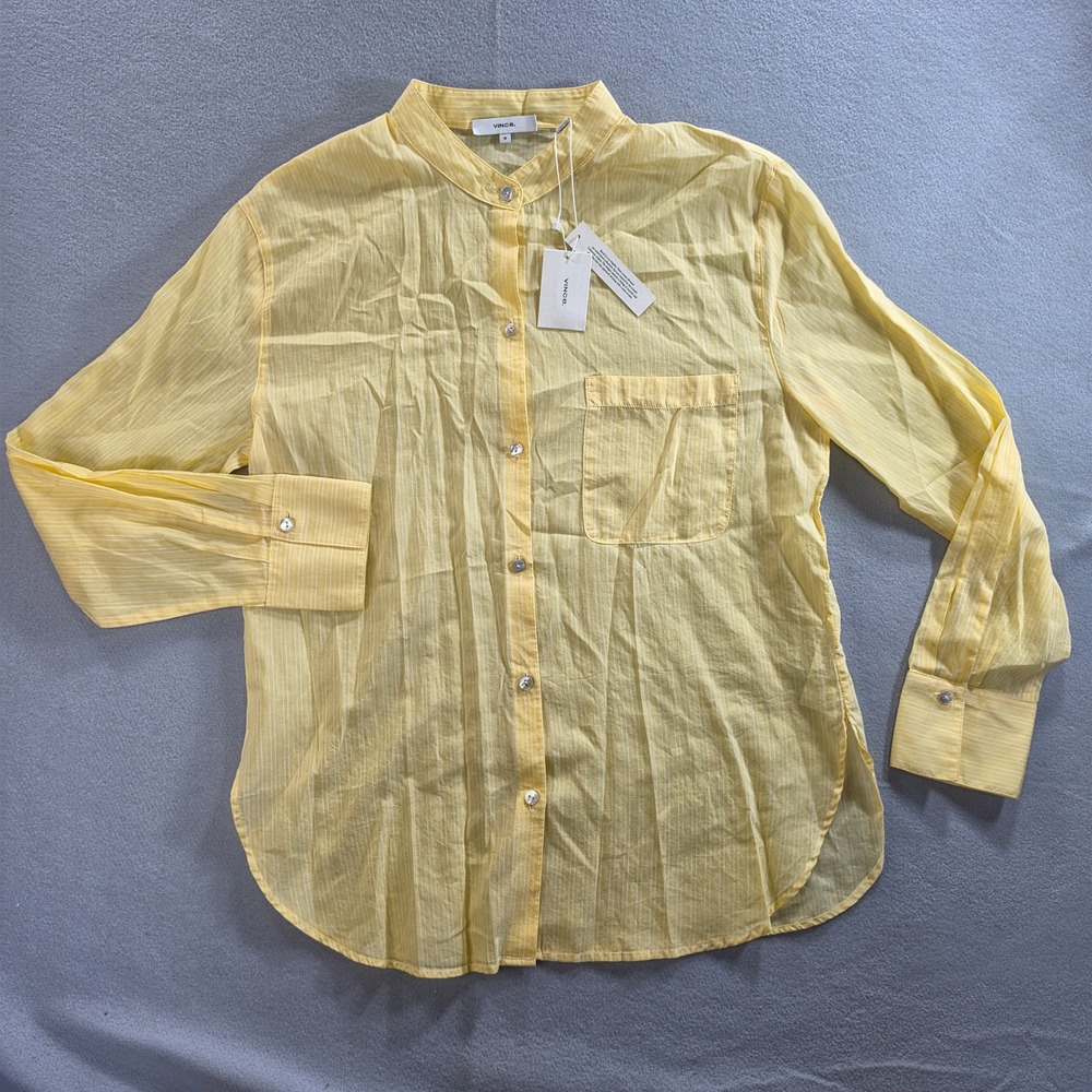 NWT Vince Coastal Grandmother Silk Blend Band Collar Blouse M Yellow Striped Top